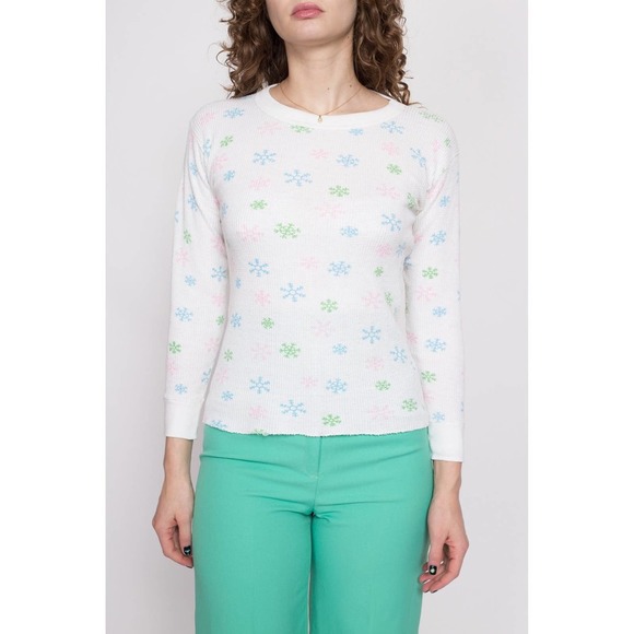70s Snowflake Waffle Knit Shirt - Medium | Vintage Thermal Top - Picture 2 of 7